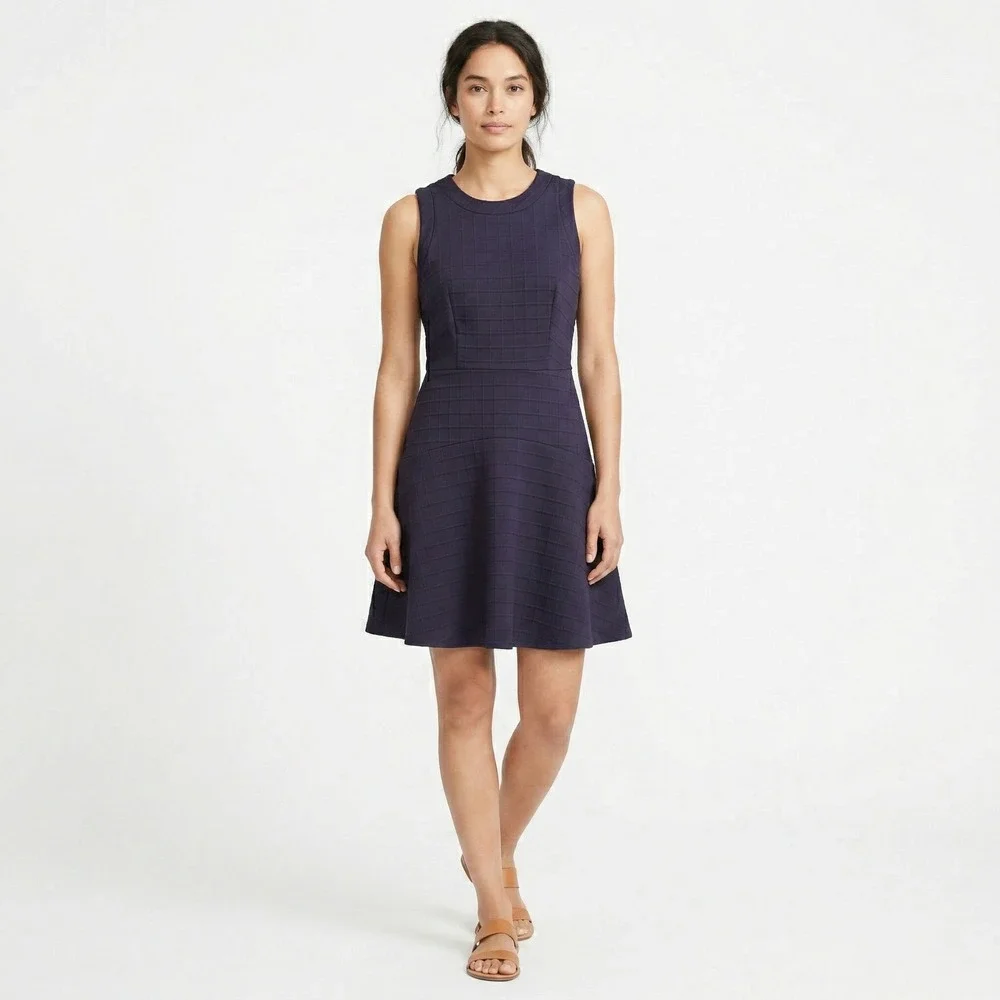 INC Women Dress Fit and Flare 10 Navy Blue‎ Textured Grid Sleeveless Workwear